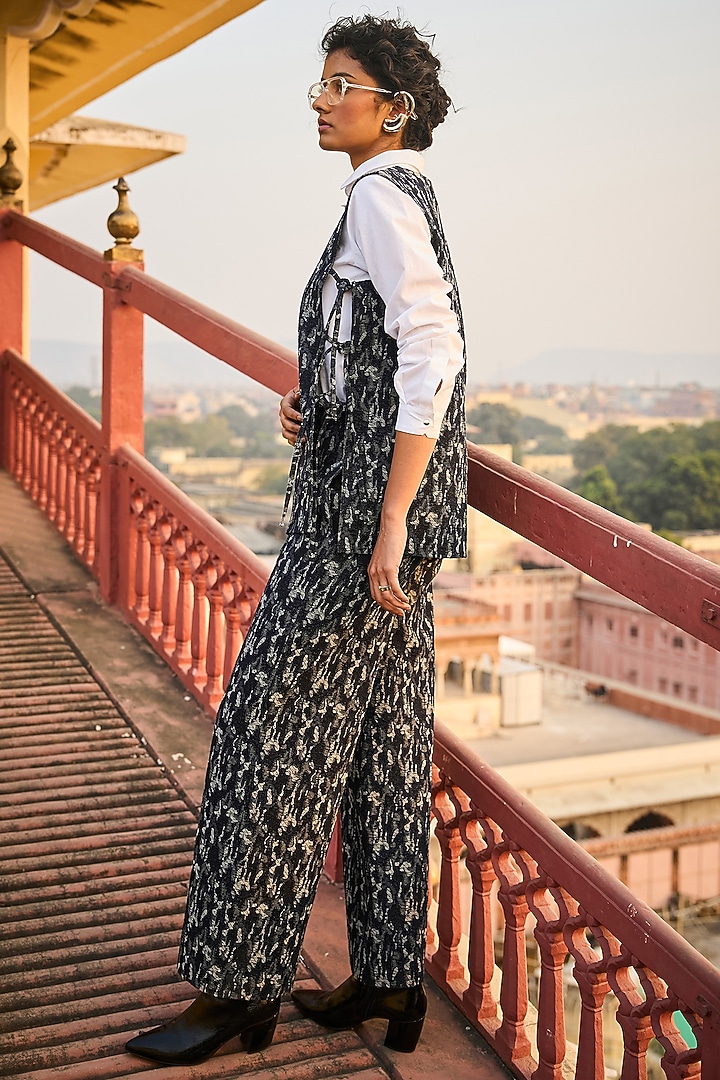 Dark Indigo Jacquard Abstract Straight Pants by Dash and Dot at Pernia's Pop Up Shop