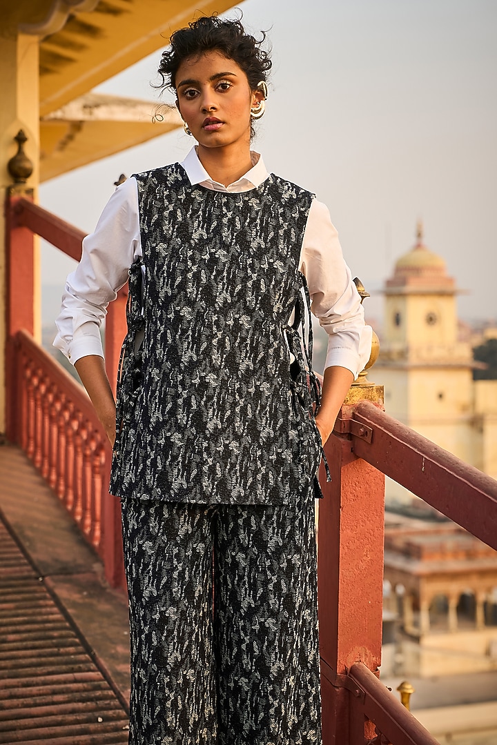 Dark Indigo Jacquard Abstract Pant Set by Dash and Dot at Pernia's Pop Up Shop