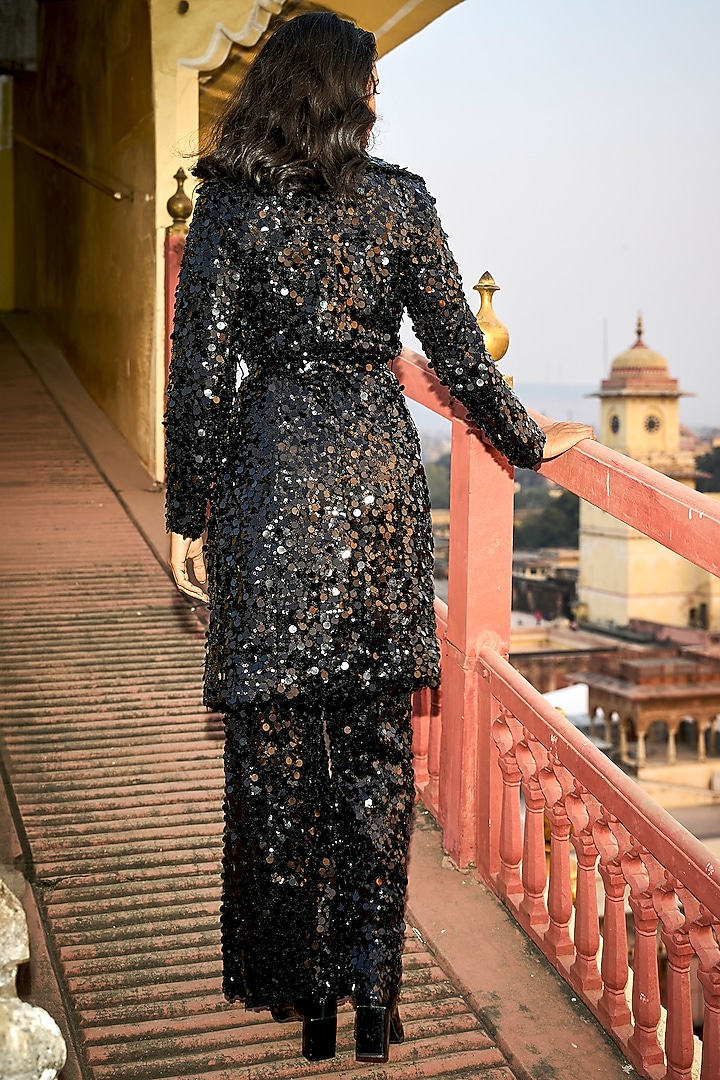 Black Polyester Sequin Embroidered Pant Set by Dash and Dot at Pernia's Pop Up Shop
