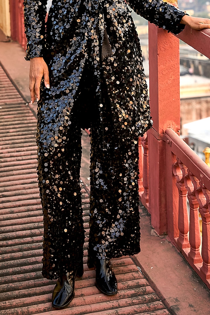 Black Polyester Sequin Embroidered Pant Set by Dash and Dot at Pernia's Pop Up Shop