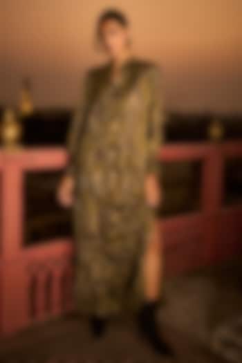 Green & Gold Polyester Foil Printed Shirt Maxi Summer Dress by Dash and Dot at Pernia's Pop Up Shop