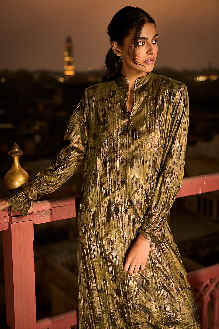 Green & Gold Polyester Foil Printed Shirt Maxi Summer Dress by Dash and Dot at Pernia's Pop Up Shop