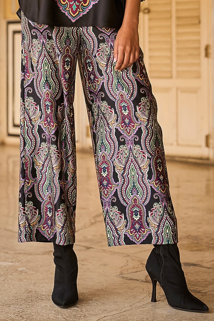 Black Polyester Paisley Printed Wide-Legged Pants by Dash and Dot at Pernia's Pop Up Shop