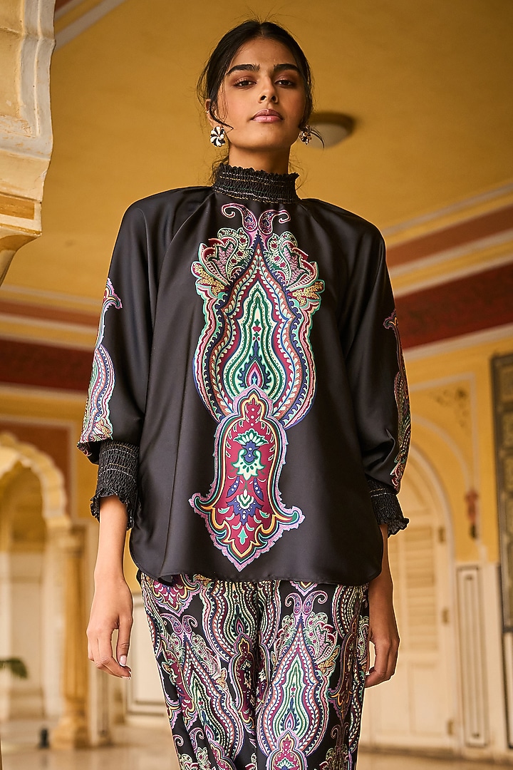 Black Polyester Paisley Printed Co-Ord Set by Dash and Dot at Pernia's Pop Up Shop