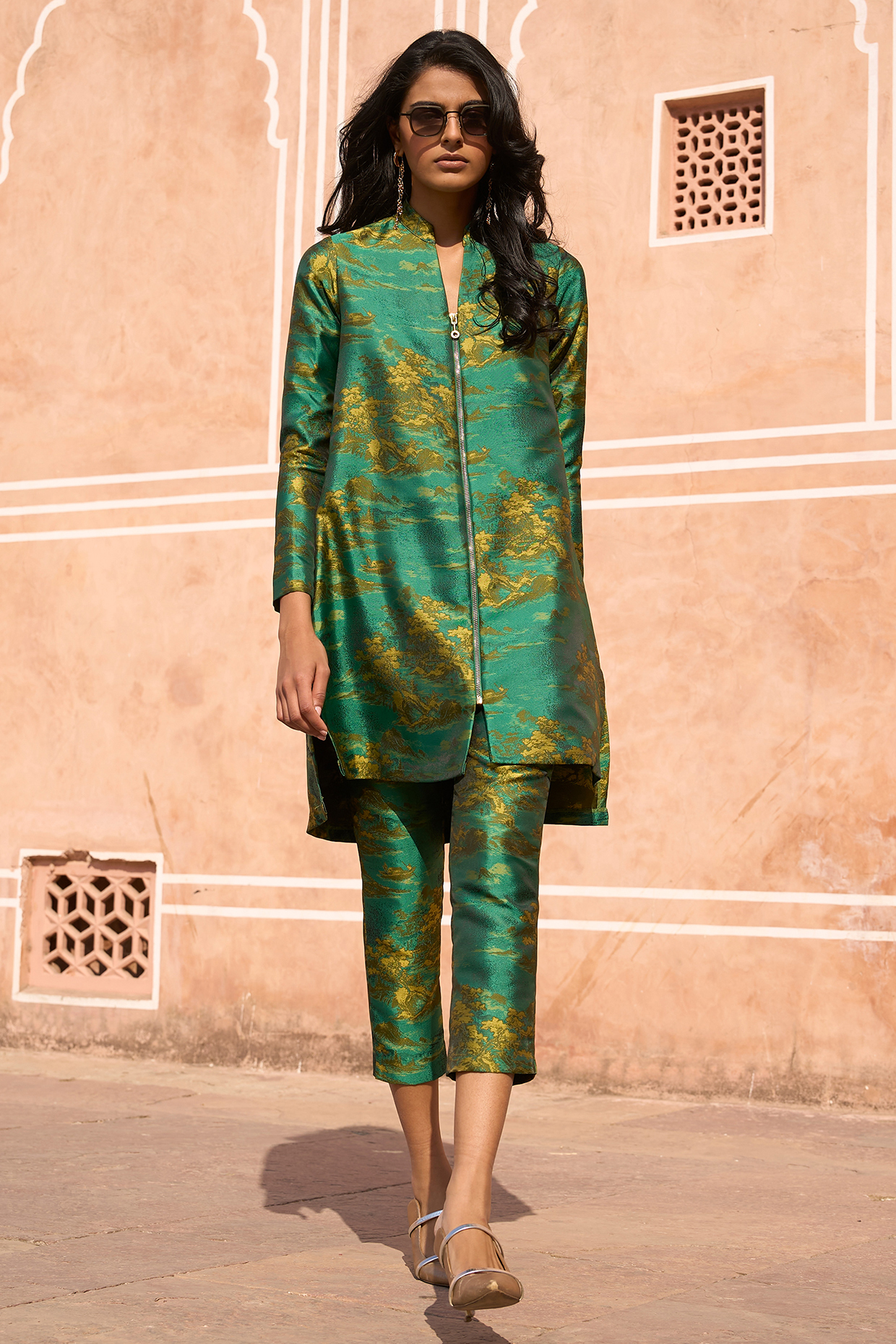Green Jacquard Tapered Pants by Dash and Dot at Pernia's Pop Up Shop