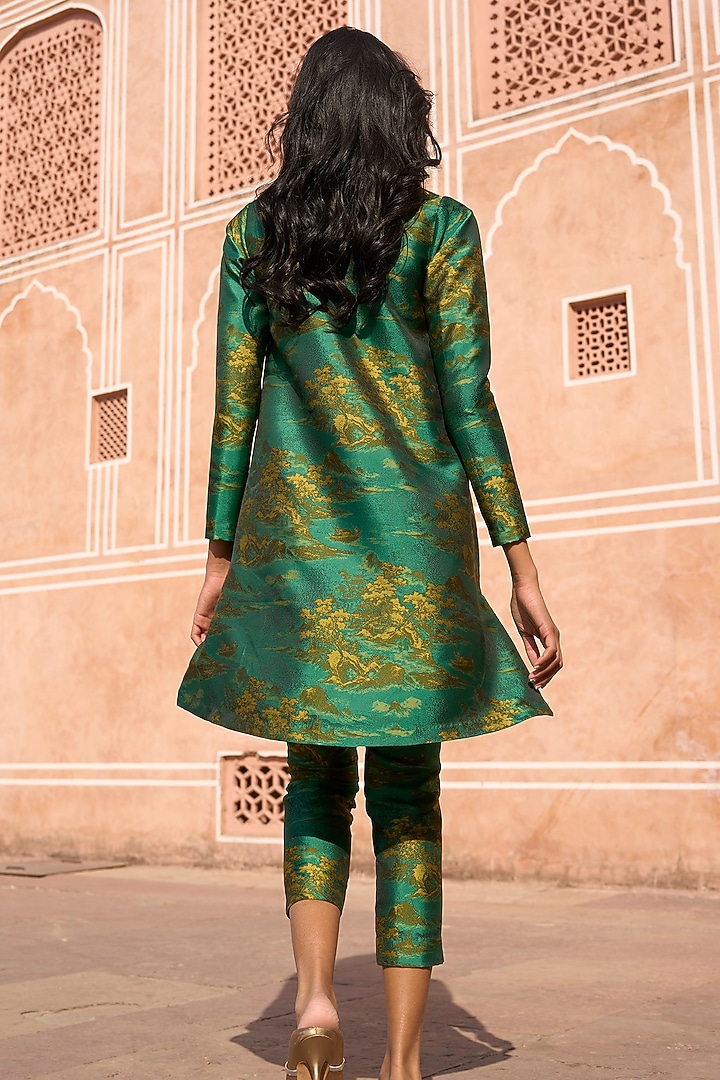 Green Jacquard Tapered Pants by Dash and Dot at Pernia's Pop Up Shop