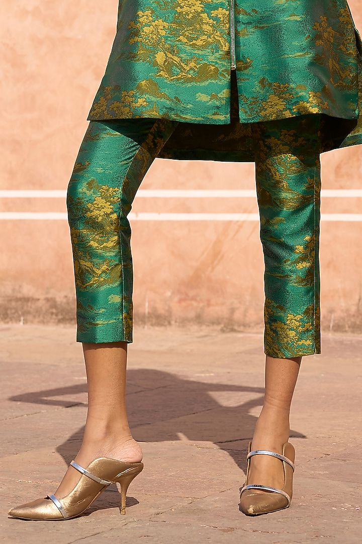 Green Jacquard Tapered Pants by Dash and Dot at Pernia's Pop Up Shop