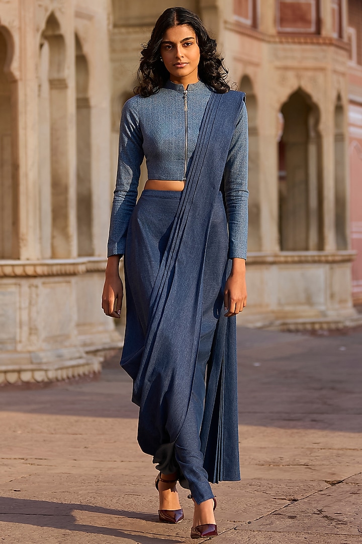 Indigo Denim Skirt Festive Saree Set by Dash and Dot at Pernia's Pop Up Shop