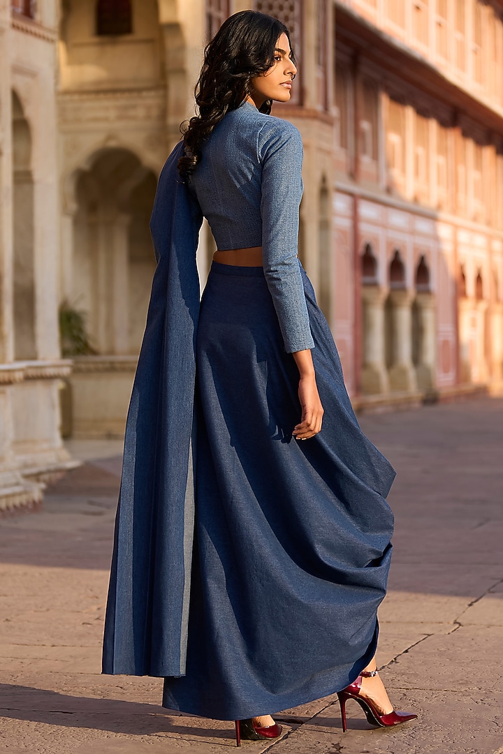 Indigo Denim Skirt Festive Saree Set by Dash and Dot at Pernia's Pop Up Shop