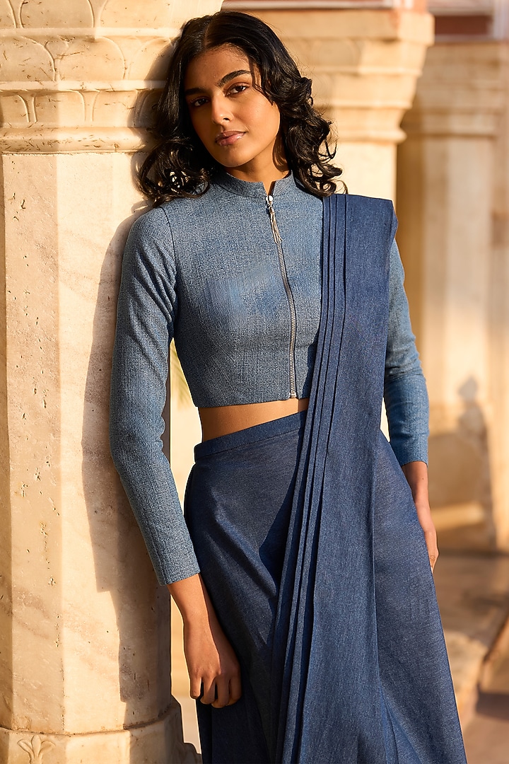 Indigo Denim Skirt Festive Saree Set by Dash and Dot at Pernia's Pop Up Shop