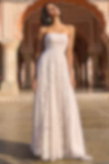 White Foil Mesh Flared Party Wear Gown by Dash and Dot at Pernia's Pop Up Shop