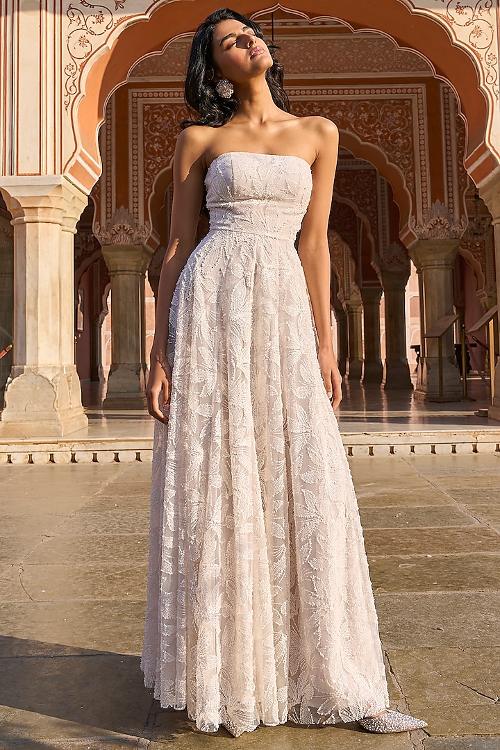 White Foil Mesh Flared Party Wear Gown by Dash and Dot at Pernia's Pop Up Shop