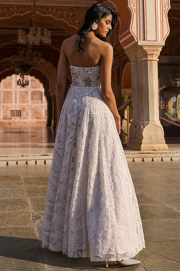 White Foil Mesh Flared Party Wear Gown by Dash and Dot at Pernia's Pop Up Shop