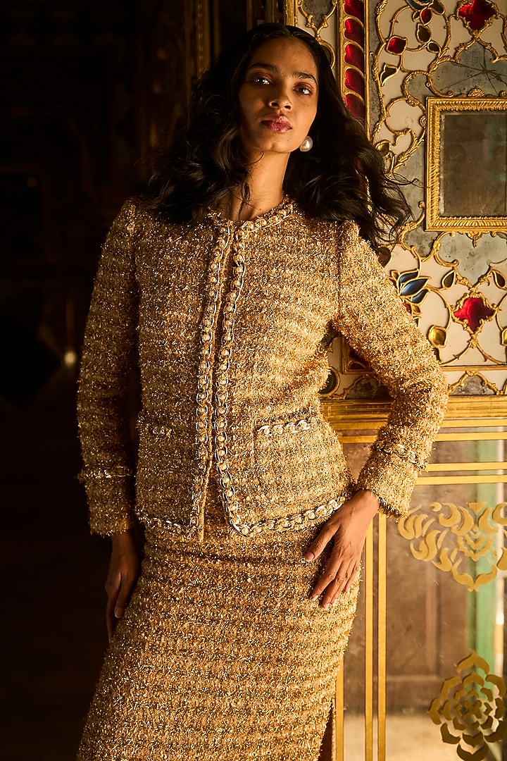 Gold Polyester Textured Skirt Set by Dash and Dot at Pernia's Pop Up Shop