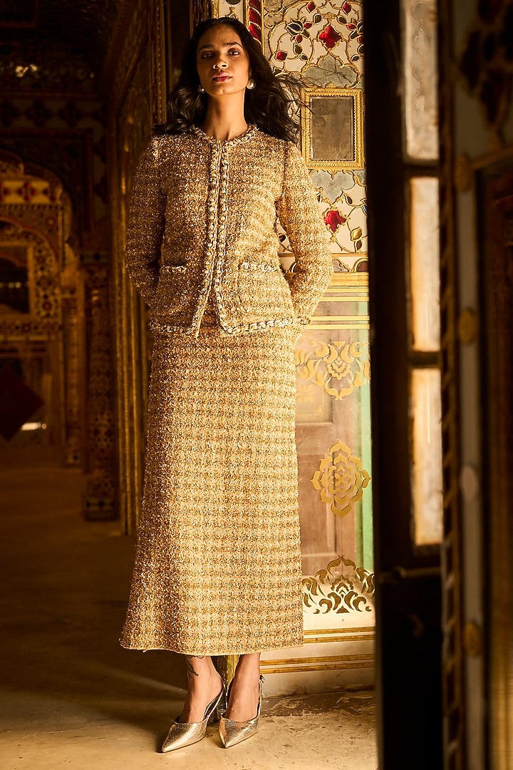 Gold Polyester Textured Skirt Set by Dash and Dot at Pernia's Pop Up Shop