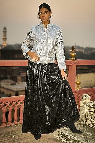 Black Polyester Flared Maxi Skirt by Dash and Dot