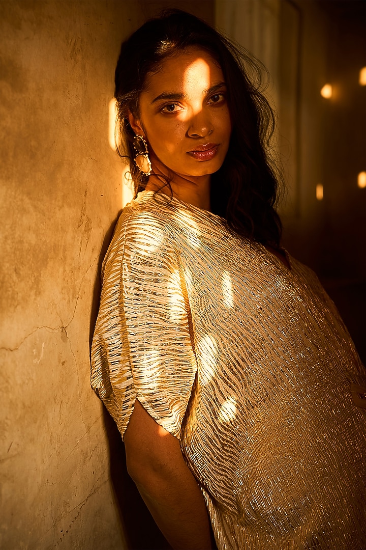 Ivory & Gold Polyester Foil Printed Kaftan Maxi Summer Dress by Dash and Dot at Pernia's Pop Up Shop