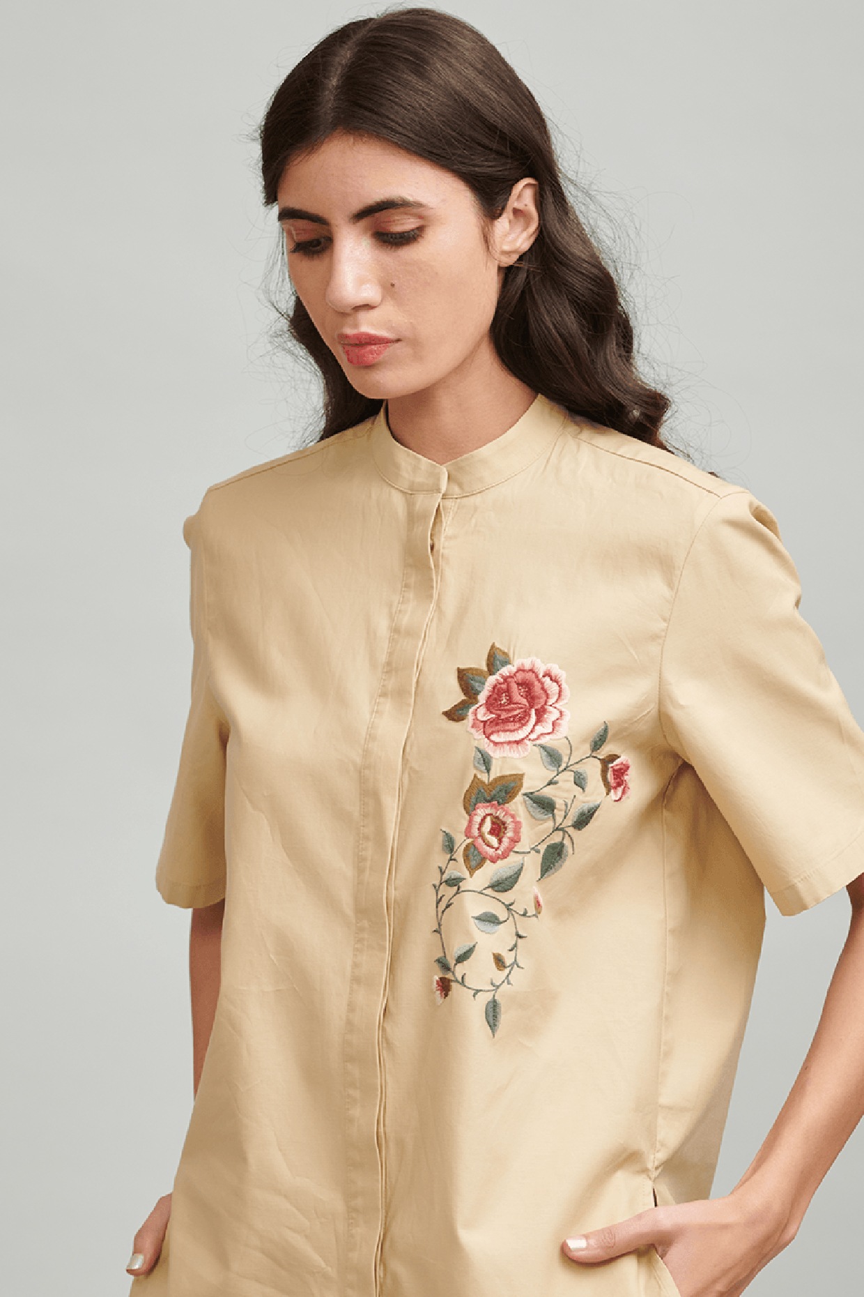 Khaki Embroidered Shirt Design by Dash 