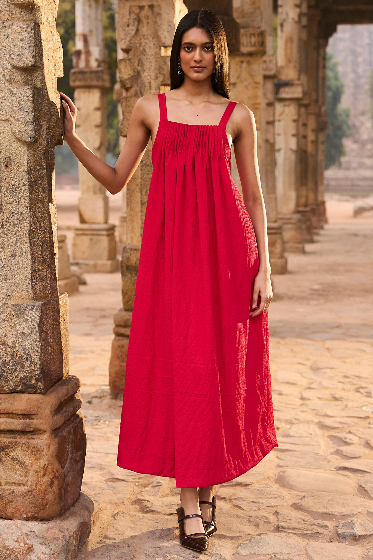 Red Polyester Midi Summer Dress by Dash and Dot at Pernia's Pop Up Shop