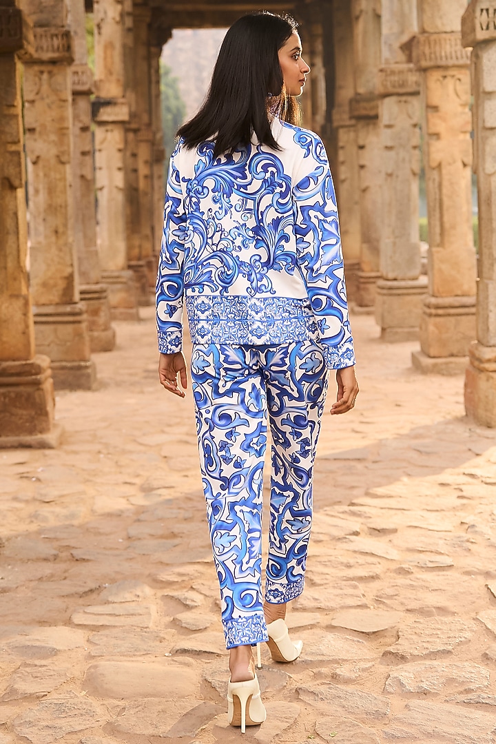 White & Blue Recycled Polyester Printed Knit Top by Dash and Dot at Pernia's Pop Up Shop