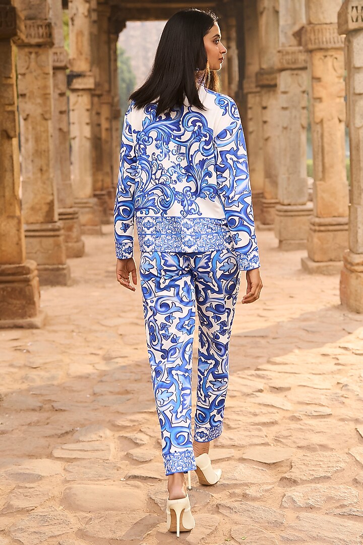 White & Blue Recycled Polyester Printed Pants by Dash and Dot at Pernia's Pop Up Shop