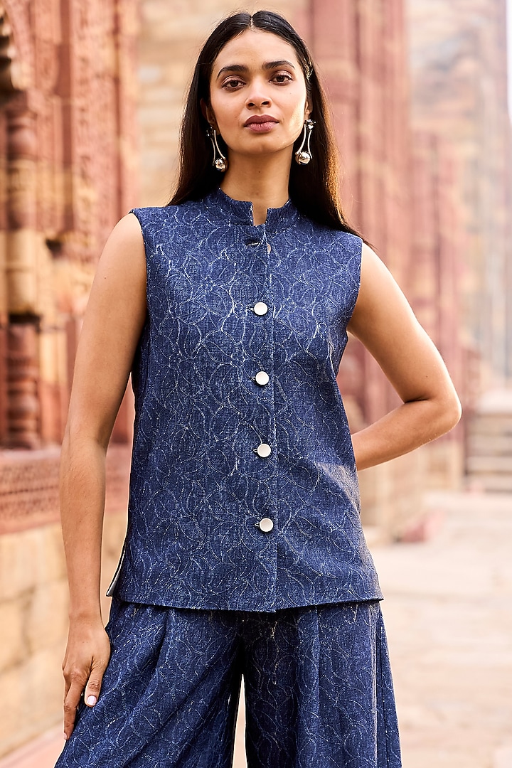 Indigo Soft Knitted Indigo Denim Lace Waistcoat Top by Dash and Dot at Pernia's Pop Up Shop