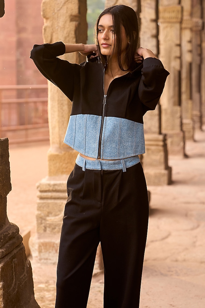 Black & Indigo Cotton Denim Hoodie by Dash and Dot at Pernia's Pop Up Shop