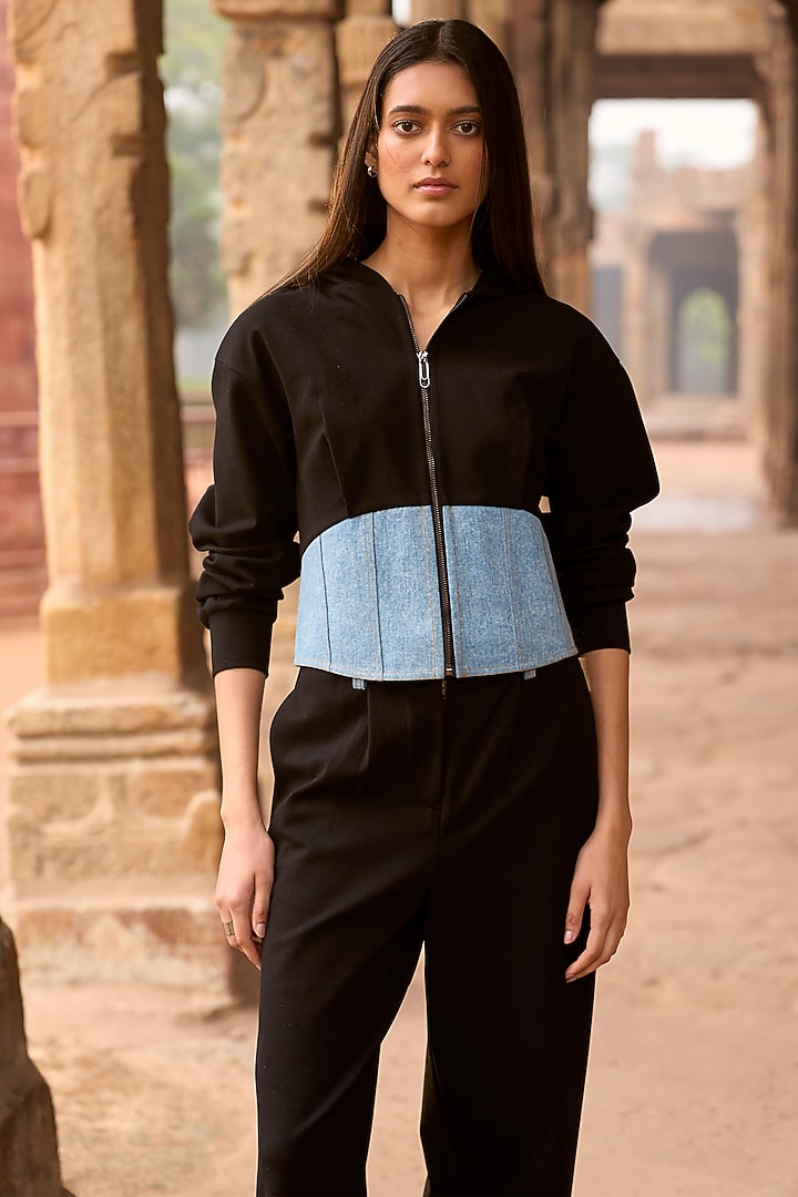 Black Knitted Ponte Roma & Cotton Denim Co-Ord Set by Dash and Dot at Pernia's Pop Up Shop