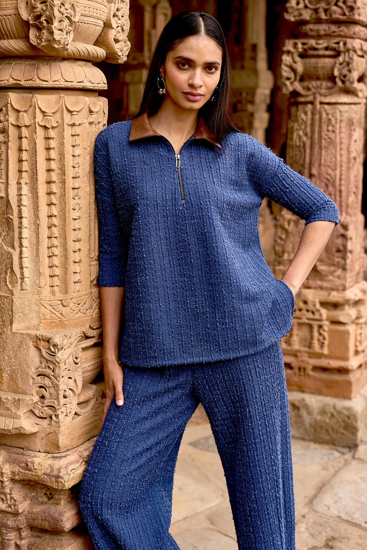 Ink Blue Recycled Polyester Textured Knitted Top by Dash and Dot at Pernia's Pop Up Shop