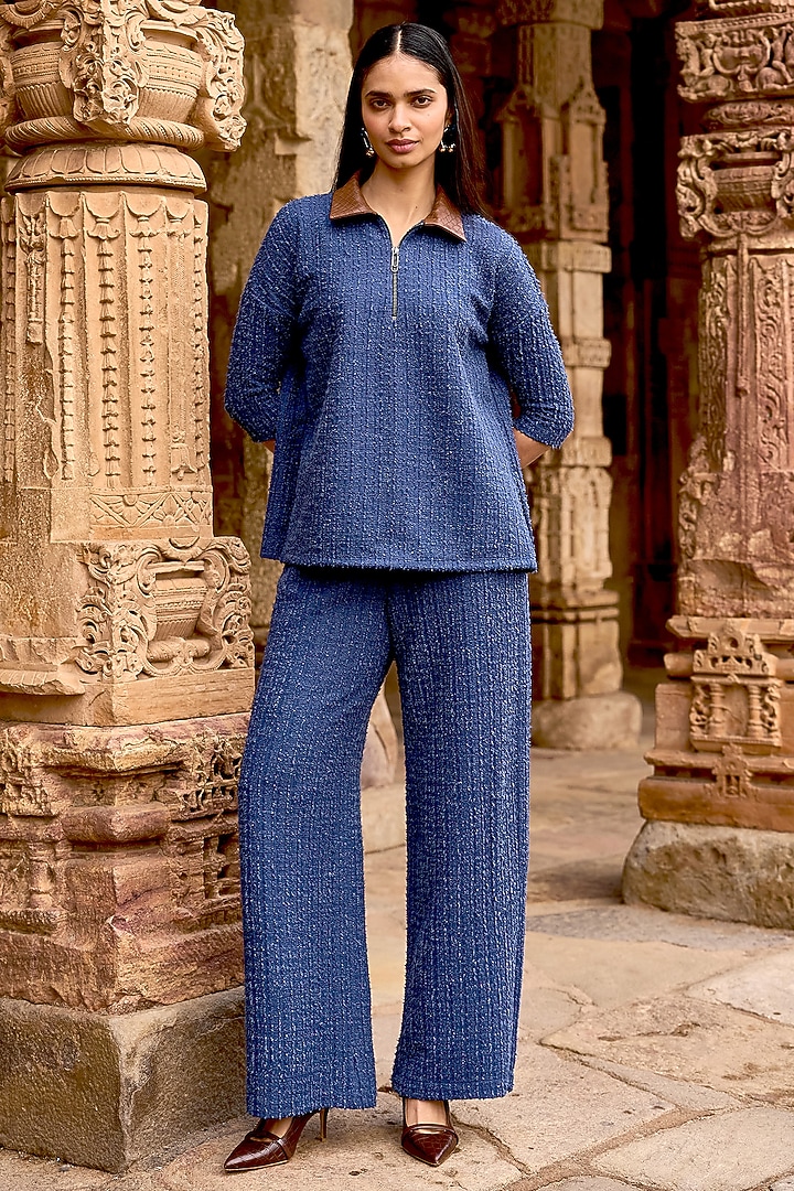 Ink Blue Recycled Polyester Textured Knitted Top by Dash and Dot at Pernia's Pop Up Shop