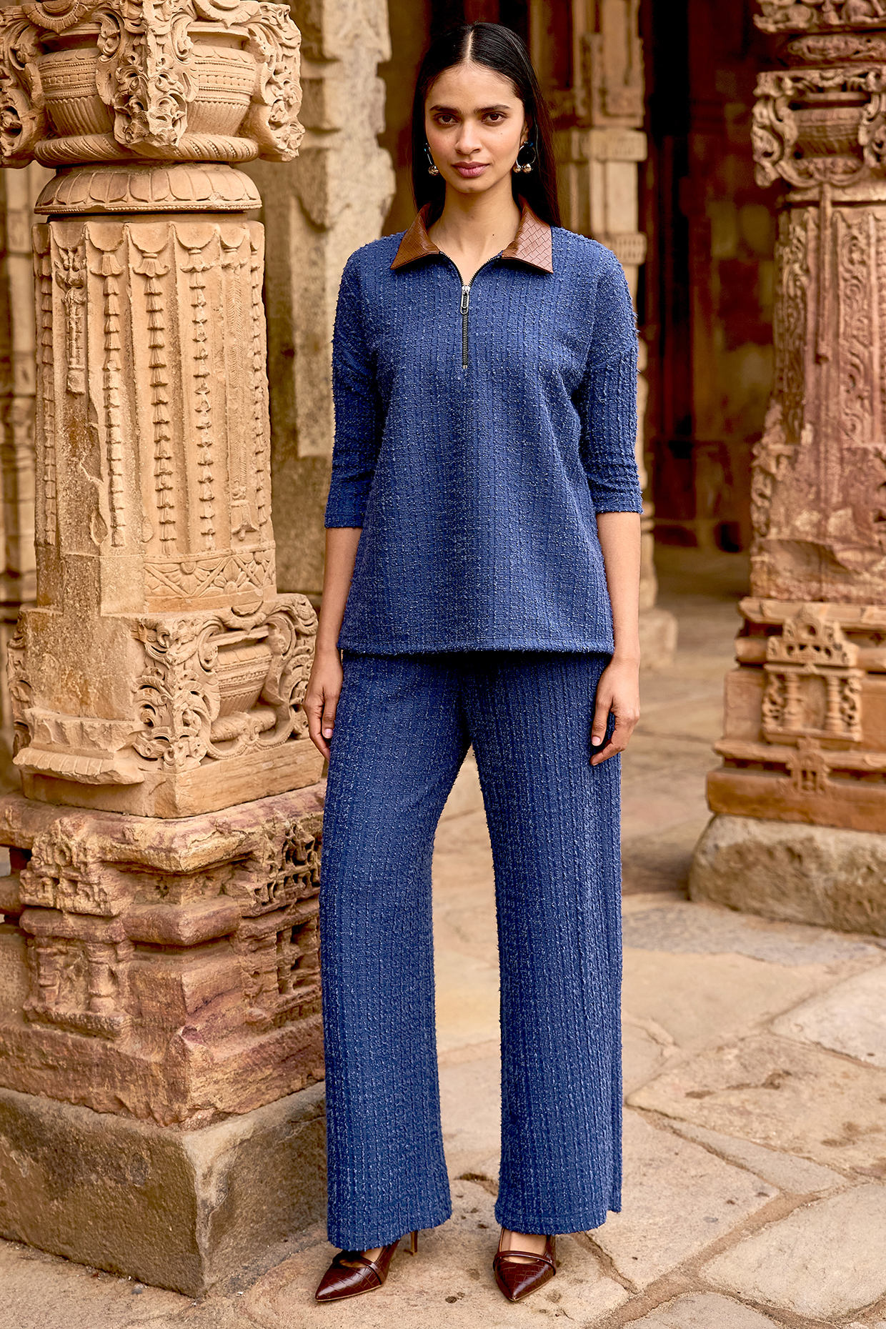 Ink Blue Recycled Polyester Spandex Textured Knitted Top by Dash and Dot at Pernia's Pop Up Shop