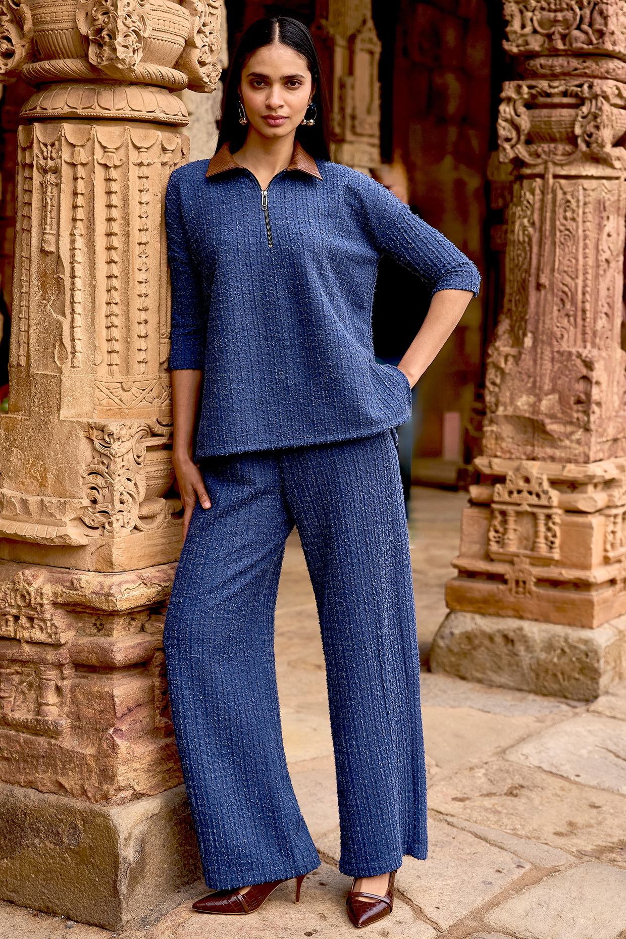 Ink Blue Recycled Polyester Spandex Textured Knitted Co-Ord Set by Dash and Dot at Pernia's Pop Up Shop