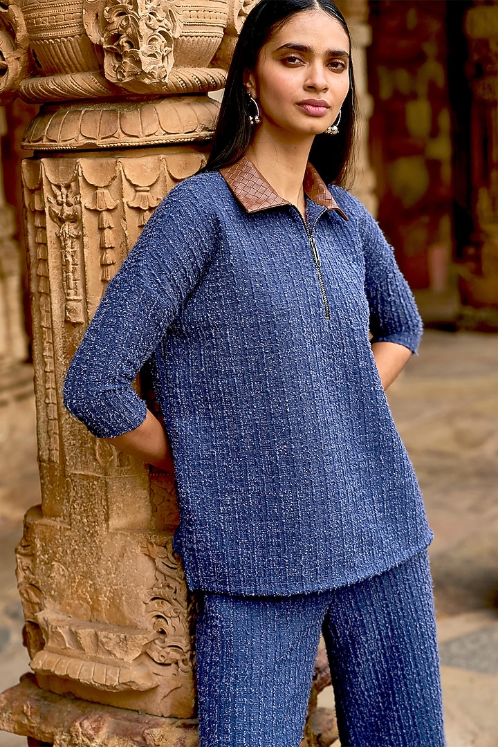 Ink Blue Recycled Polyester Spandex Textured Knitted Co-Ord Set by Dash and Dot at Pernia's Pop Up Shop