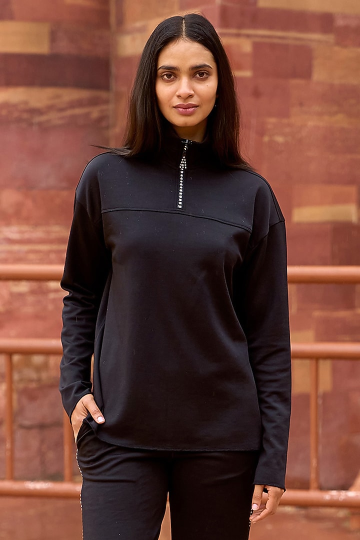 Black Recycled Polyester & Supima Cotton Knit Top by Dash and Dot at Pernia's Pop Up Shop