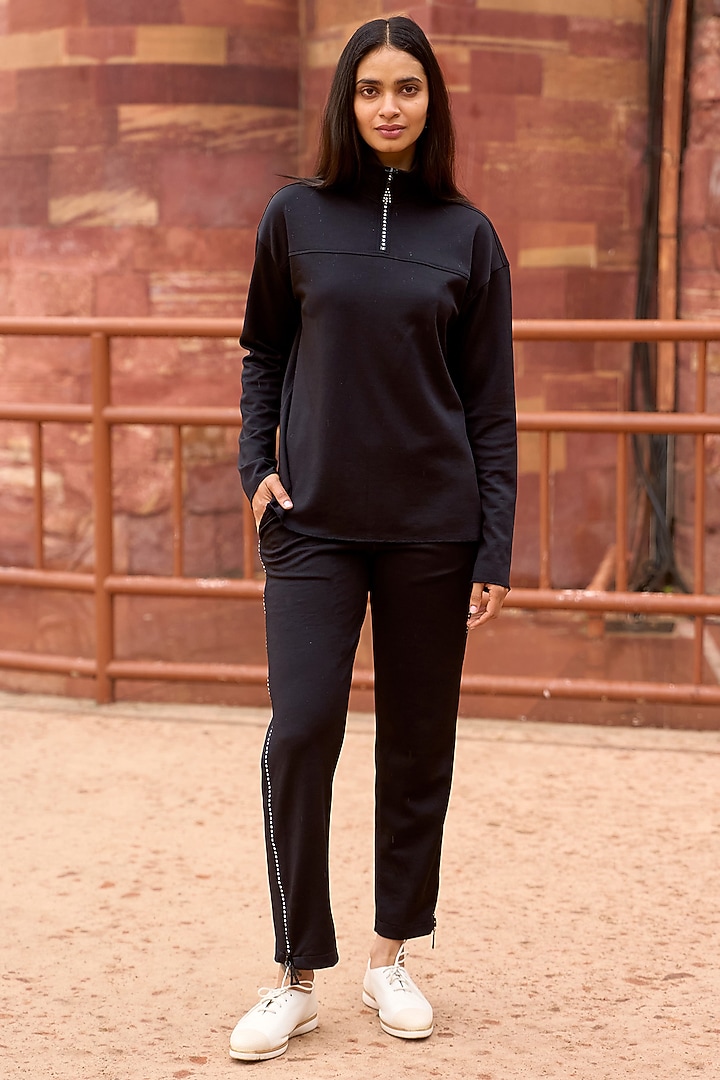 Black Recycled Polyester & Supima Cotton Straight-Cut Pants by Dash and Dot at Pernia's Pop Up Shop