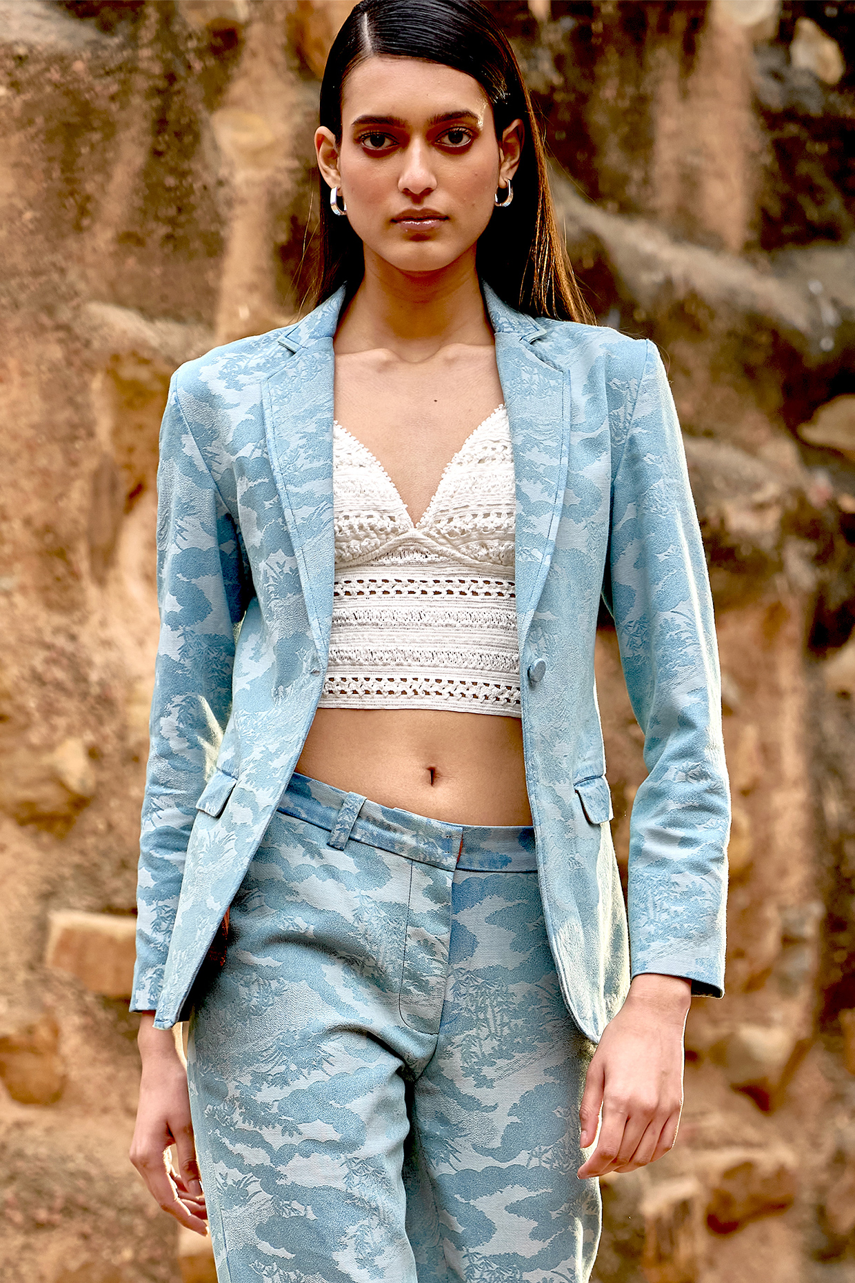 Indigo Cotton Polyester Lyocell Acetic Blazer by Dash and Dot at Pernia's Pop Up Shop
