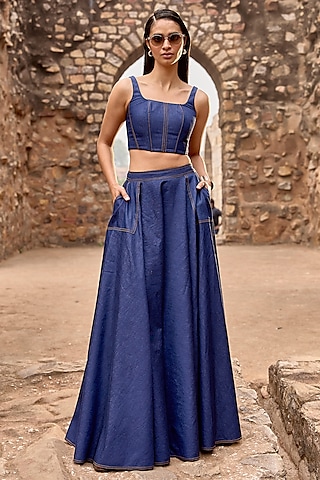 Indigo Cotton Denim Maxi Skirt Set by Dash and Dot