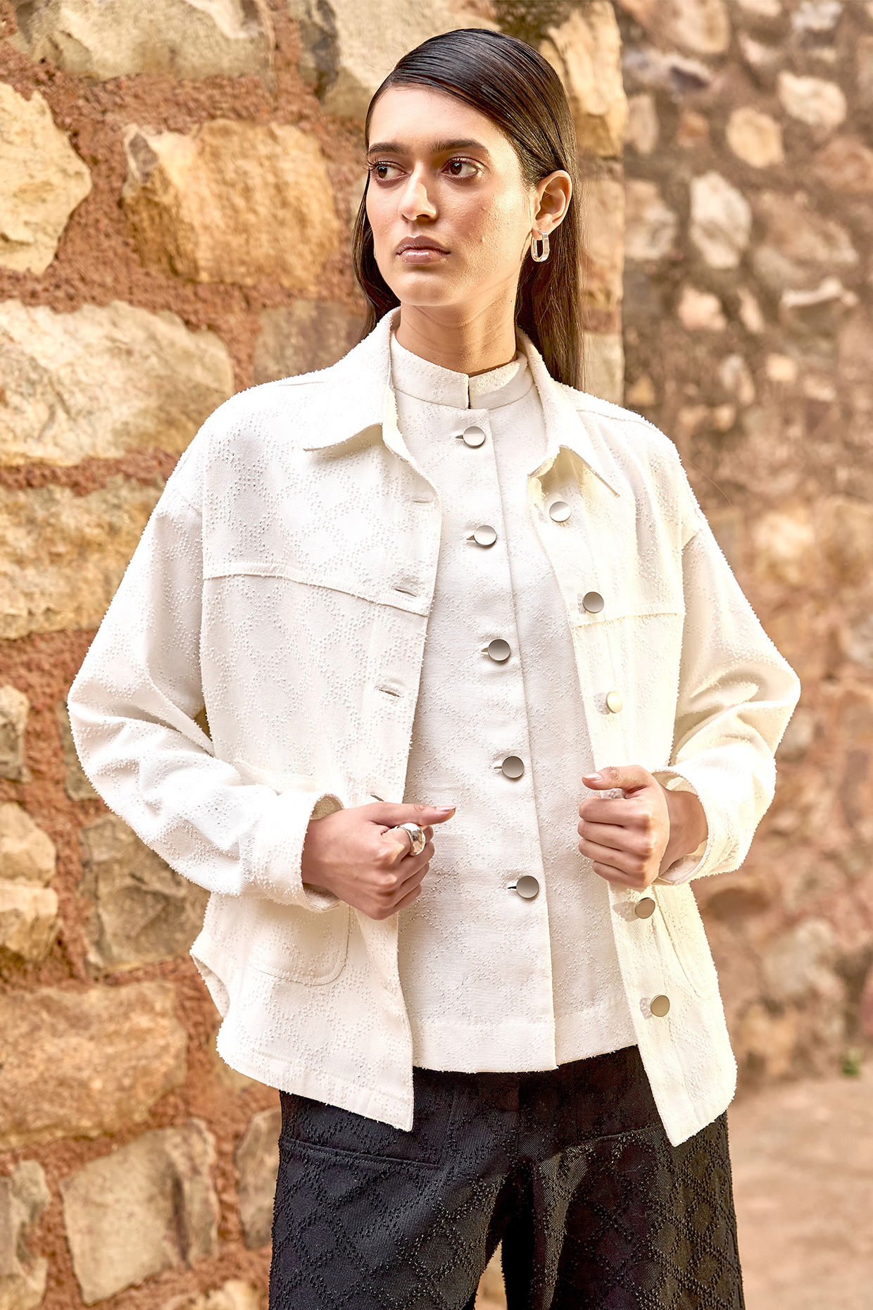 White Cotton Denim Textured Shacket by Dash and Dot at Pernia's Pop Up Shop