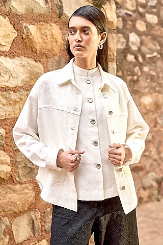 White Cotton Denim Textured Shacket by Dash and Dot