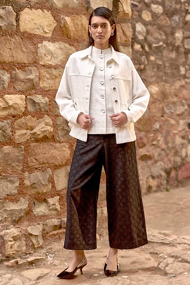 White Cotton Denim Textured Shacket by Dash and Dot at Pernia's Pop Up Shop