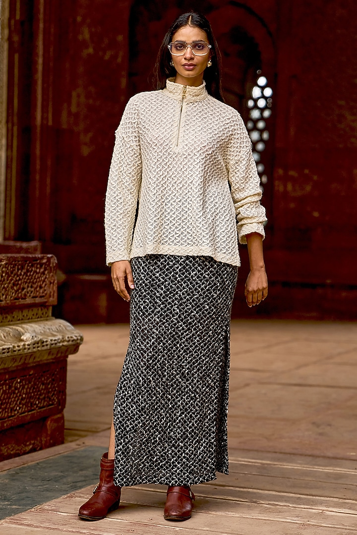 Black Acrylic Cotton Wool Recycled Polyester Knitted Maxi Skirt by Dash and Dot at Pernia's Pop Up Shop