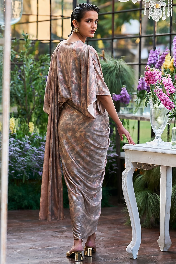 Antique Taupe Recycled Polyester Draped Kaftan Gown by Dash and Dot at Pernia's Pop Up Shop