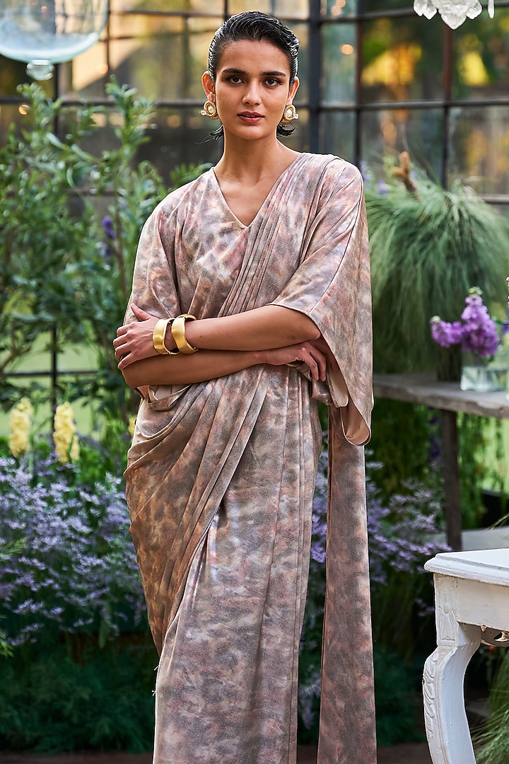 Antique Taupe Recycled Polyester Draped Kaftan Gown by Dash and Dot at Pernia's Pop Up Shop