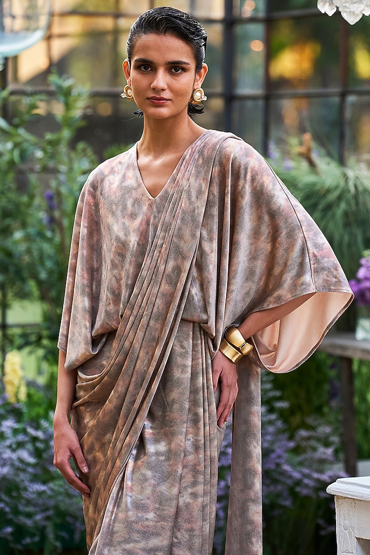 Antique Taupe Recycled Polyester Draped Kaftan Gown by Dash and Dot at Pernia's Pop Up Shop
