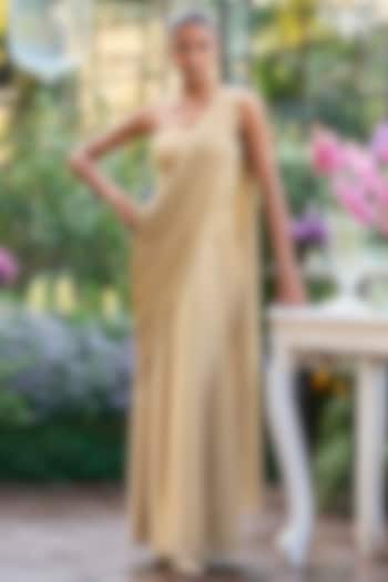 Antique Gold Recycled Polyester Draped Festive Gown Saree by Dash and Dot at Pernia's Pop Up Shop