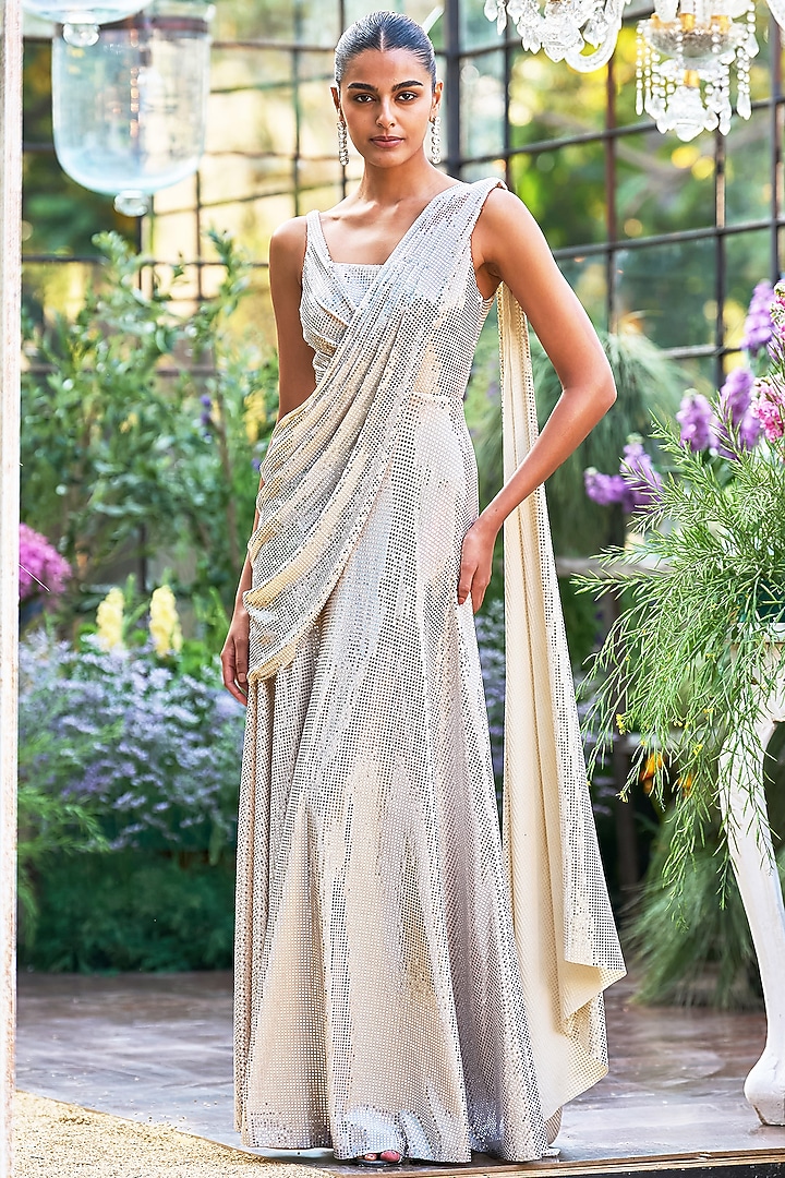 Ivory & Silver Nylon Draped Festive Gown Saree by Dash and Dot at Pernia's Pop Up Shop
