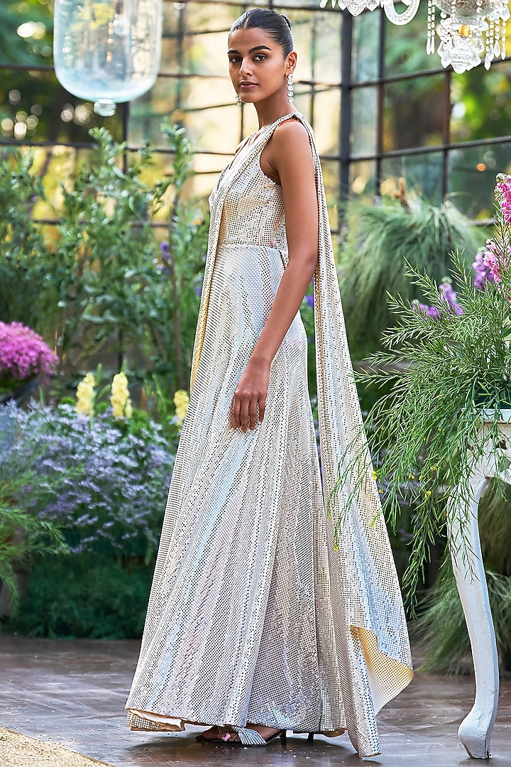 Ivory & Silver Nylon Draped Festive Gown Saree by Dash and Dot at Pernia's Pop Up Shop