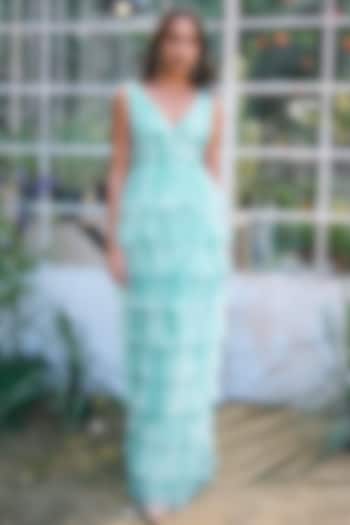 Ice Blue Recycled Polyester Tiered Maxi Summer Dress by Dash and Dot at Pernia's Pop Up Shop