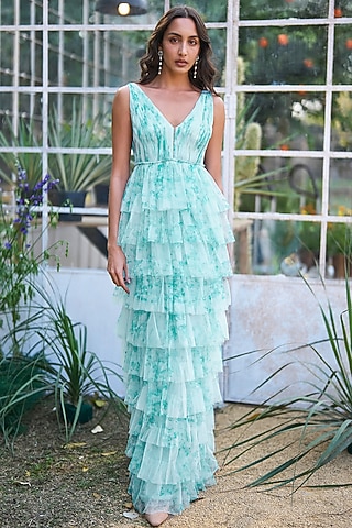 Ice Blue Recycled Polyester Tiered Maxi Dress by Dash and Dot