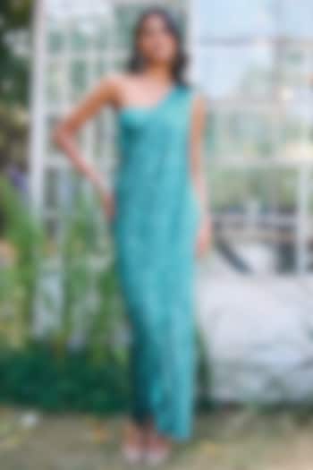 Aqua Blue Recycled Polyester Off-Shoulder Festive Gown Saree by Dash and Dot at Pernia's Pop Up Shop